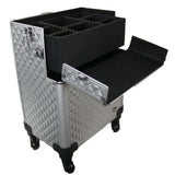 Professional Makeup Artist 2 in 1 Rolling Makeup Train Case Cosmetic Organizer with Easy Slide Extendable Storage Trays and Removable Trays