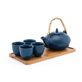 JAPAN COLLECTION Blue Ceramic 26 oz Tea Pot 4 cups Set with Bamboo Tray and Infuser
