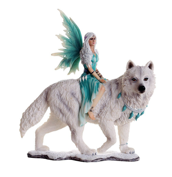 Decorative Companion Fairy Aneira with White Wolf Collectible Decorative Statue 8H