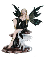 Large Fantasy Fairy with Black Dragon Figurine Fairyland Legends Decorative Statue 17.5 Inch H