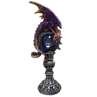 Fantasy Winged Golden Purple Dragon Eye Orb Skull Skeleton Pedestal Statue Figurine