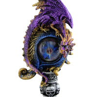 Fantasy Winged Golden Purple Dragon Eye Orb Skull Skeleton Pedestal Statue Figurine