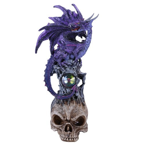 10" H Winged Purple Dragon on Skull Head Rhinestone Rock Crystal