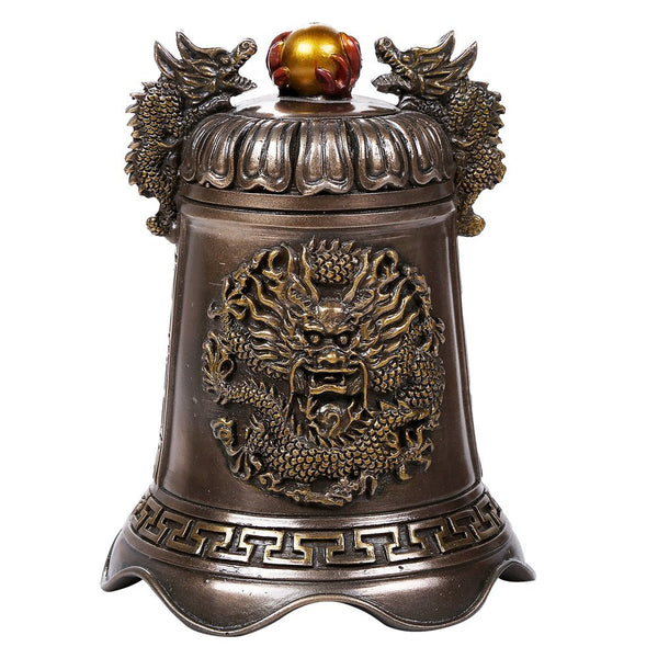 Oriental Fengshui Dragon Holding Orb Cast Bronze Bell Shaped Auspicious Sculptural Collectible 6 inch H