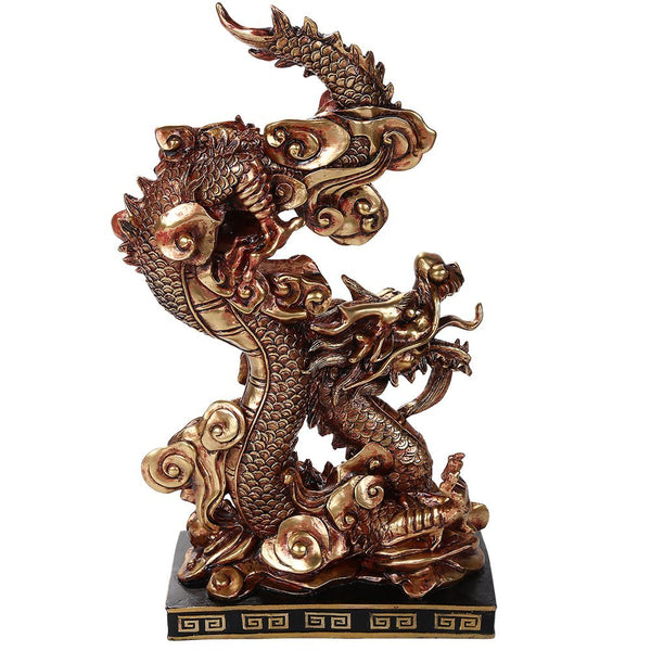 Oriental Fengshui Dragon Holding Orb Cast Metallic Finish Auspicious Sculptural Collectible 10 inch H