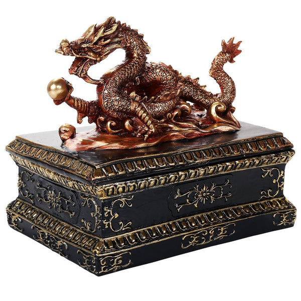 Oriental Fengshui Dragon Holding Orb Cast Metallic Finish Auspicious Trinket Sculptural Box Collectible 6.5 inch L
