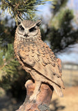 Realistic Looking Eagle Owl Perched On Stump Statue Gallery Quality Detailed Sculpture Amazing Likeness Life Size Scale Resin Sculpture Hand Painted Statue Indoor Outdoor Decor