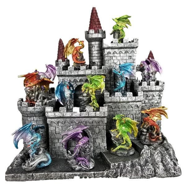 12 pieces of 3 inches Colored Dragons with Medieval Times Castle Display Set