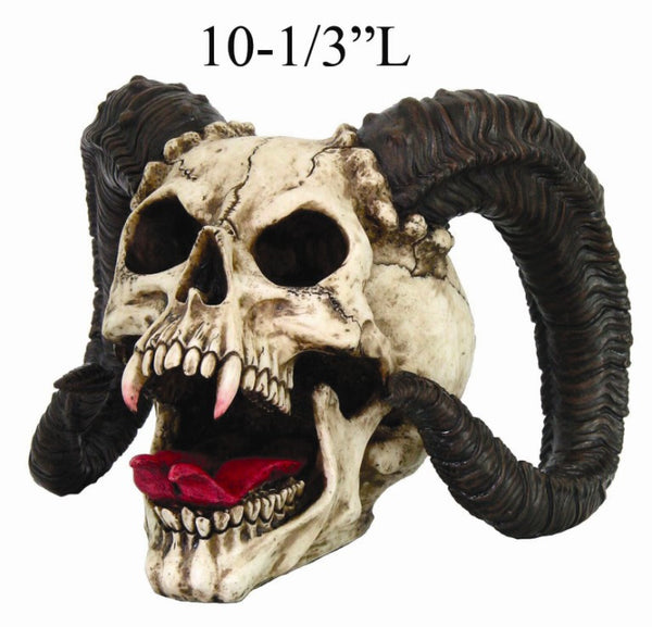 Evil Ram Horned Skull with Tongue Out Figurine Statue 10.5 inch long