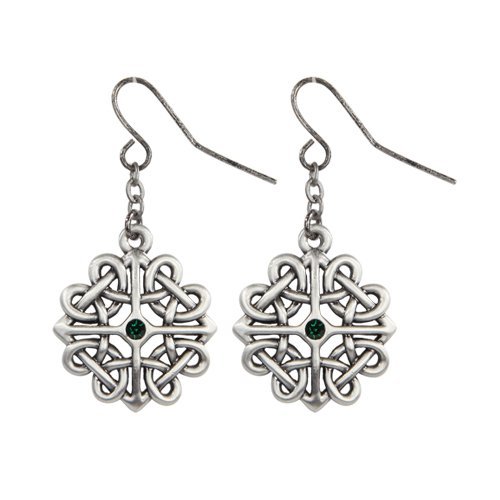 Celtic Flower with Green Crystal Pewter Earrings Jewelry- Mystica Collection