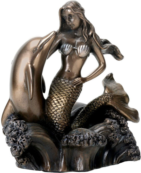 Bronze Metal Colored Ocean Mermaid with Dolphin Figurine Display