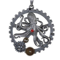 Steampunk Deep Sea Octopus Round Gearwork Necklace Red Stone Jewelry