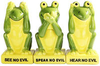 Green Frogs Froggy See Hear Speak no Evil Ceramic Salt Pepper Shakers And Toothpick Holder Attractives Trio!