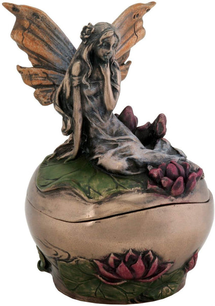 Pondering Fairy on Lotus Fantasy Art Nouveau Michelle Jewelry Box Display Decoration, 3 Inches