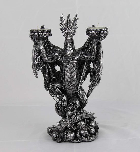 Pacific Giftware Fantasy Mythical Dragon Standing On Fiery Skulls Tabletop Candelabra Tealight Candle Holder 11 Inch Tall Metallic Silver Finish