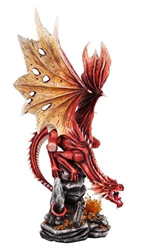 PTC 19.5 Inch Fire Breathing Red Dragon on Cascading Rock Statue Figurine