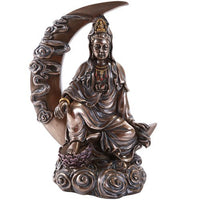 Pacific Giftware Bronze Kuan Yin Kwan Ying Statue Figure Deity Chinese Goddess of Compassion on Crescent Moon