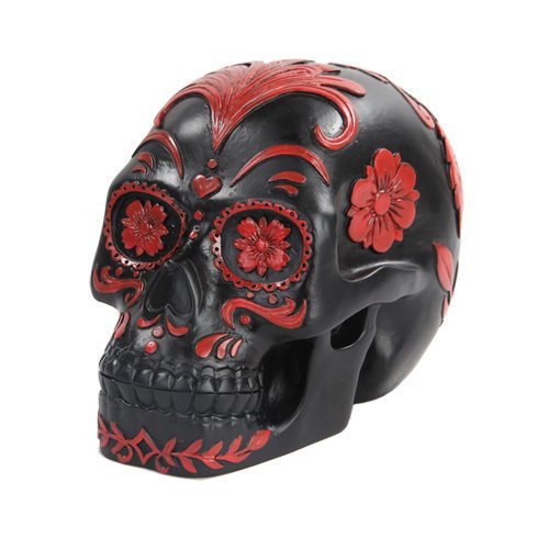 PTC 5.5 Inch Black and Red Floral Day of The Dead Skull Statue Figurine