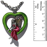 Masada Jewelry, Green Enamel Heart Fairy with 4 Lavender Gems, Pendant, on 24 Inch Chain Necklace