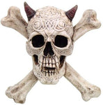 CROSS BONES HORNED DEVIL SKULL STATUE WALL PLAQUE RESIN FIGURINE AWESOME DETAILS