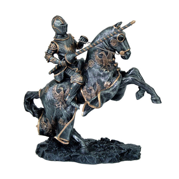 Medieval Fantasy Calvary Knight on Rearing Horse Ready for Jousting Pewter Gray Finish with Gold Accent Collectible Figurine