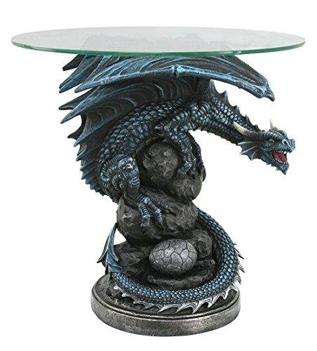 Roaring Guardian Dragon Glass Top End Table Fantasy Home Decor 22 Inch Tall