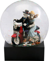 Skull Lovers on Red Motorcycle in a Water Globe with Glitter