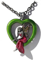 Masada Jewelry, Green Enamel Heart Fairy with 4 Lavender Gems, Pendant, on 24 Inch Chain Necklace