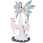 Extra Large White Tribal Fairy With Wolves Statue Finish Made of Polyresin