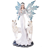 Extra Large White Tribal Fairy With Wolves Statue Finish Made of Polyresin