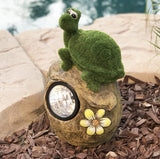 Solar Powered Tortoise On Garden Rock Sculpture In Flocked Artificial Grass Decorative Sculpture 13.5 Inches…