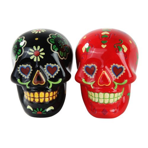 1 X Day of Dead Sugar Black & Red Skulls Salt & Pepper Shakers Set- Skulls Collection