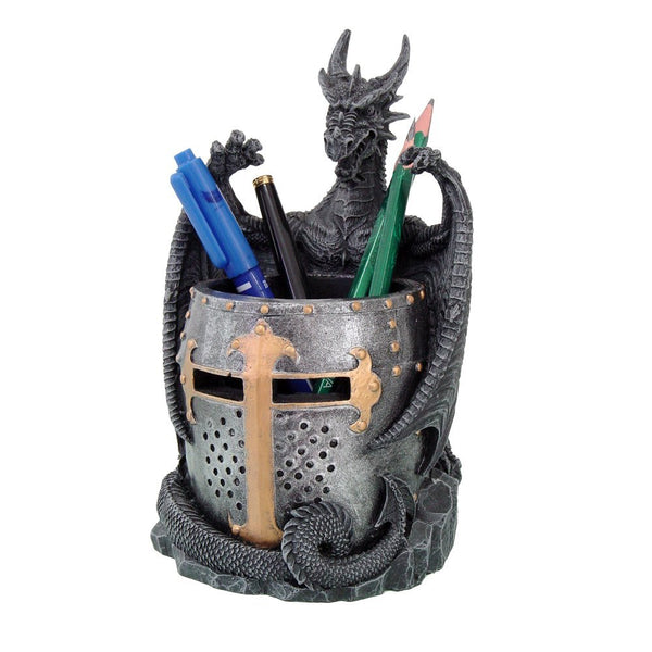 Dragon Statue with Warrior Helmet Desktop Utility Stationery Pencil Holder Organizer Office or Desktop