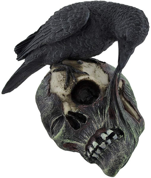 Sinister Raven Devouring Rotten Zombie Skull Figure
