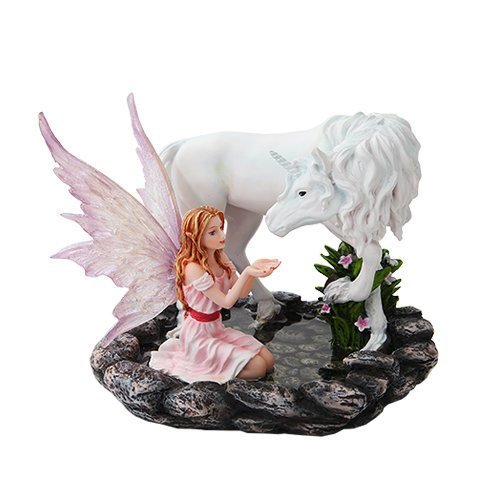 7 Inch Pink Winged Fairy with Unicorn on Pond Statue Figurine