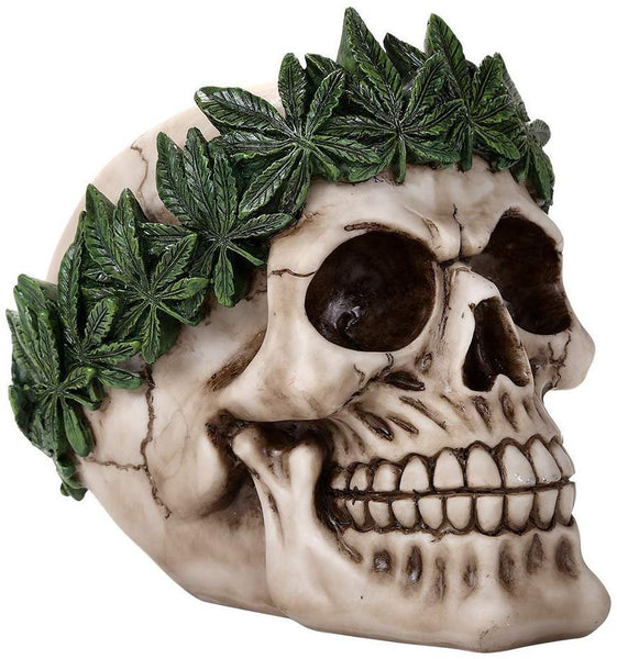 Pacific Giftware Novelty Cannabis Leaves Marijuana Weed Pot Head Skull Figurine Halloween Decor Collectible 5.25 Inches Tall