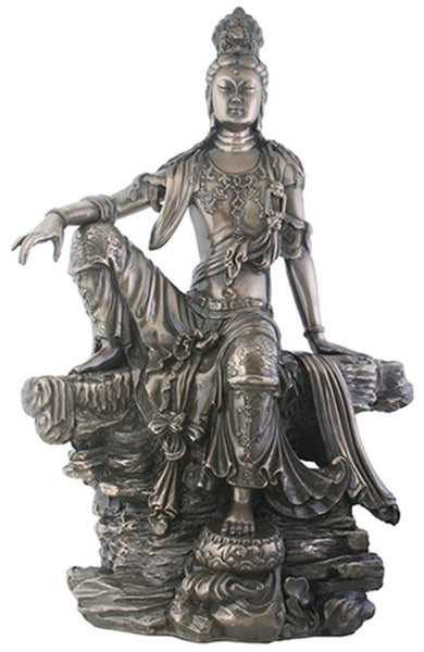 14 Inch Bronze Colored Water and Moon Kuan Yin Sitting on Rocks