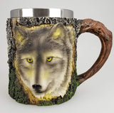 Alpha Grey Wild Wolf Coffee Mug Tree Bark Stainless Steel Tea Wolves 3D Head Gray