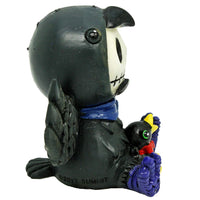 SUMMIT COLLECTION Furrybones Leopold Signature Skeleton in Black Raven Costume with a Little Raven Sitting Down