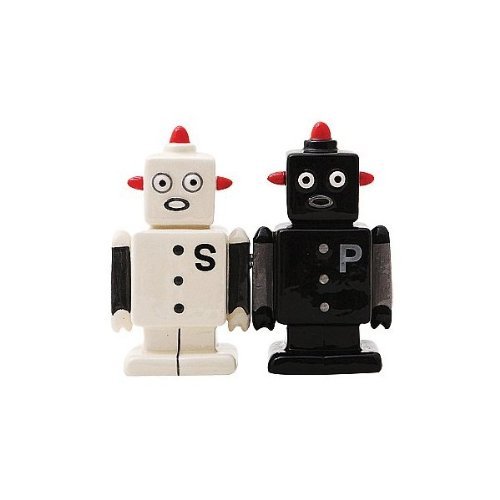 Campy Robots Salt and Pepper Shaker Set - Handpainted Magnetized Ceramic by Pacific Giftware