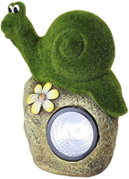 Solar Powered Garden Snail On Rock Sculpture In Flocked Artificial Grass Decorative Sculpture 13.5 Inches
