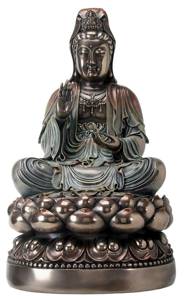 Bronze Metal Colored Sitting Kuan Yin on Lotus Figurine Display