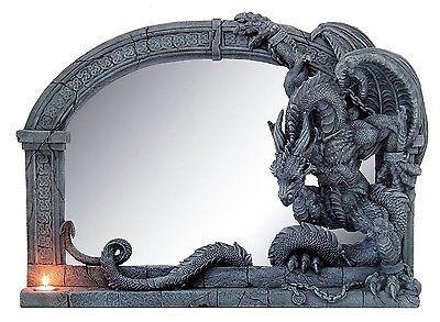 Medieval Castle Dragon Arched Wall Mounted Mirror Greystone Finish 32 Inch L