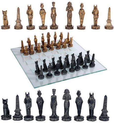 Pacific Giftware Ancient Egyptian God Kingdom Civil War Chess Set with Glass Board 17" x 17" -33PCS [Gold & Black] [Obelisk, Anubis, Bastet, King TUT, Nefertiti, Osiris]