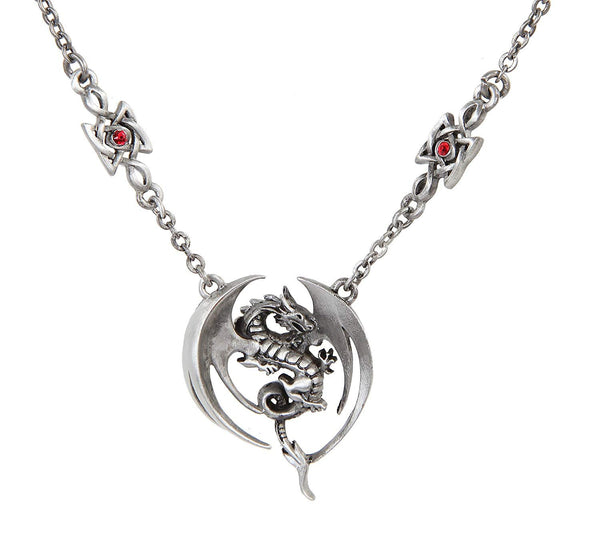 PTC Jewel Studded Circle Winged Dragon Metal Pendant with Chain Necklace