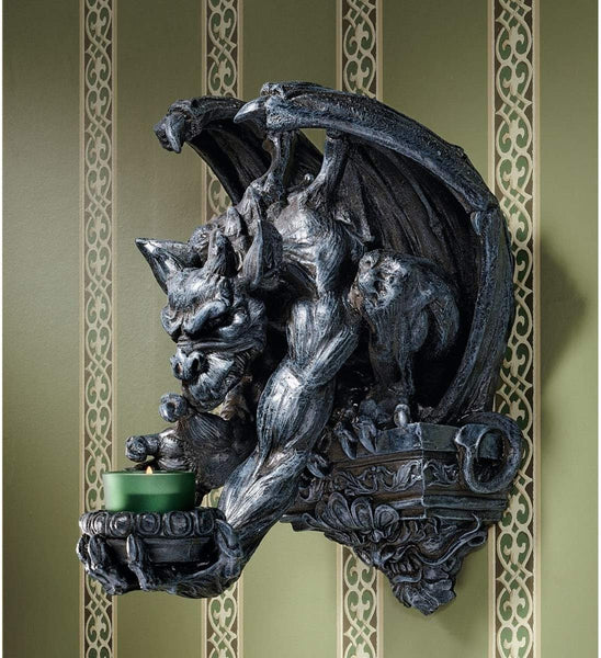 13" Dark Winged Dragon Gargoyle Statue Sculpture Wall Sconce Candle Holder