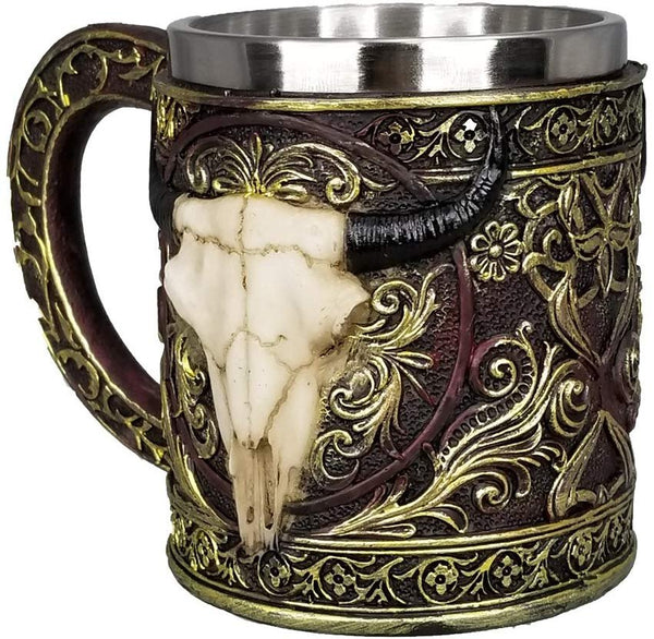 Bull Skull Mug Longhorn 11oz Resin Coffee Mug with Stainless Steel Insert