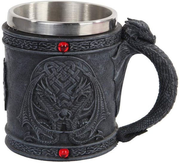 Celtic Dual Winged Dragon Mug Chalice Resin Body Stainless Steel Faux Stone