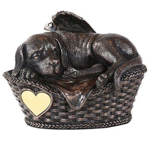 Pet Memorial Angel Dog Sleeping In Basket Cremation Urn Bronze Finish Bottom Loa