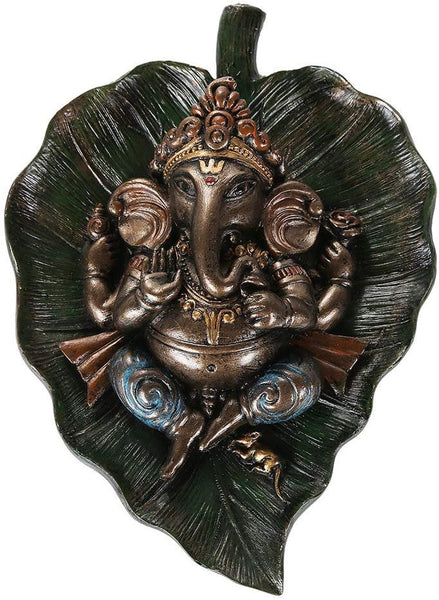 Pacific Giftware Lord Ganesha Laying On Peepal Banyan Leaf Supreme Hindu Deity Remover of Obstacles and Collectible Figurine (Faux Bronze)
